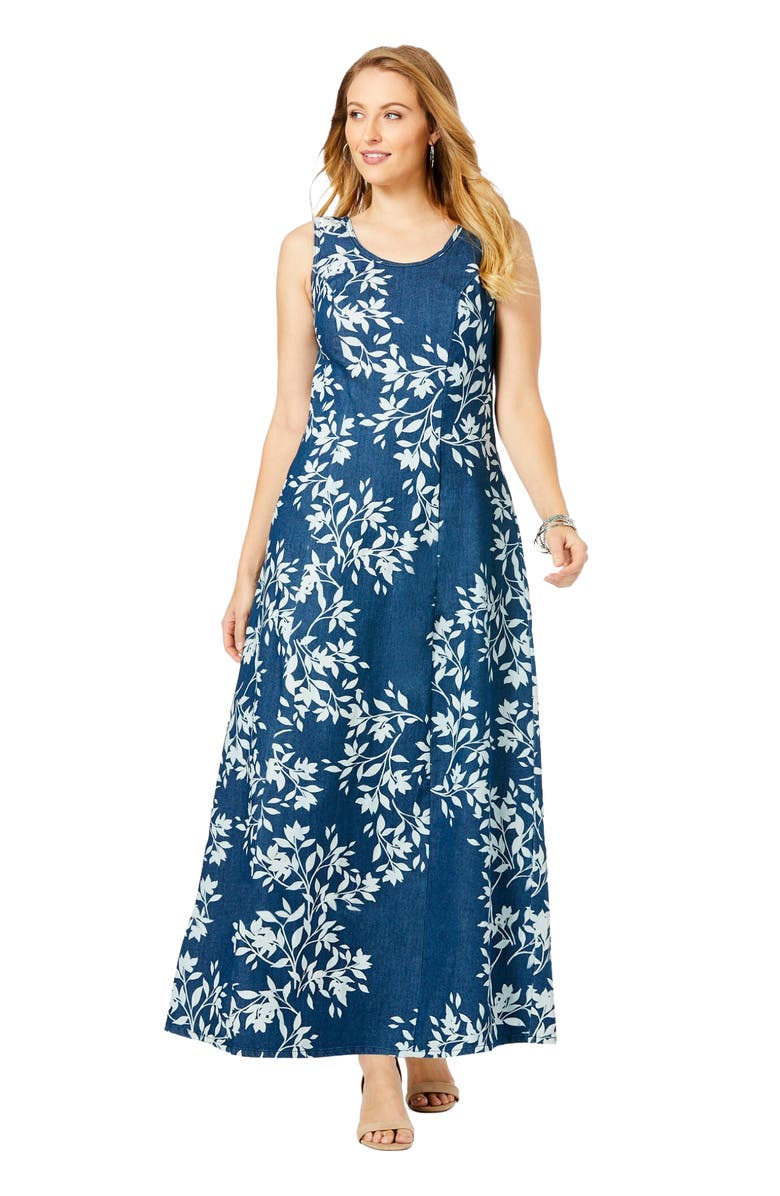 Jessica London Denim Maxi Dress, Main, color, Medium Stonewash Leaf