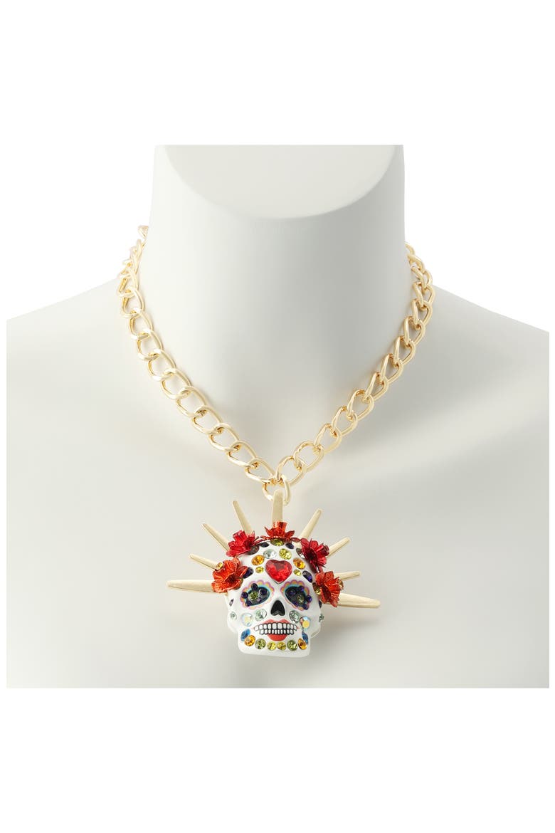Sugar Skull Bride Crown Pendant Necklace, Alternate, color, RED