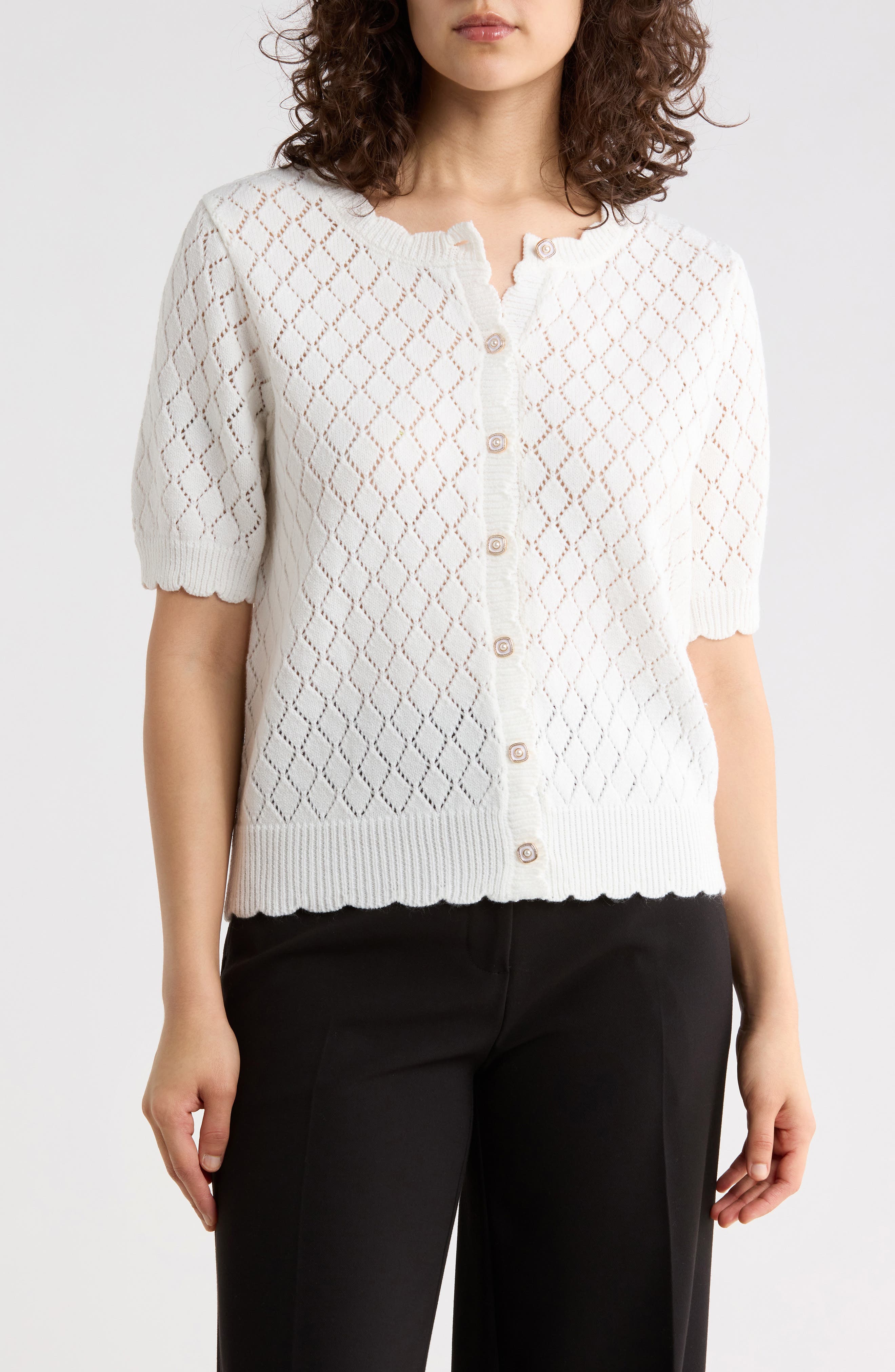 Nanette Lepore Pointelle Short Sleeve Cardigan