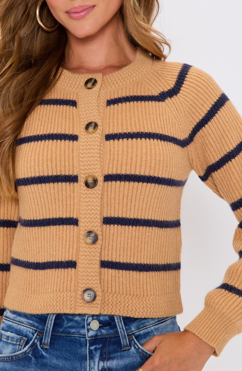 VICI Collection Nadia Stripe Crop Cardigan, Alternate, color, Camel Navy