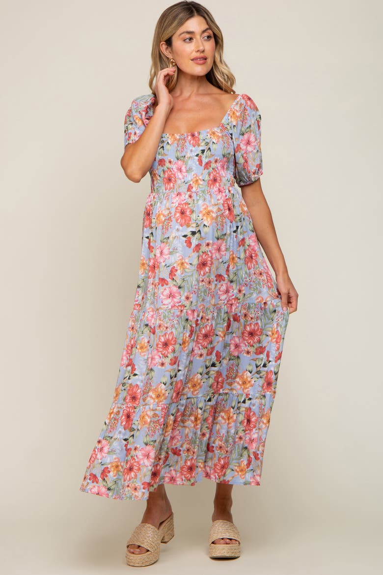 Floral Smocked Square Neck Tiered Maxi Dress, Alternate, color, Blue