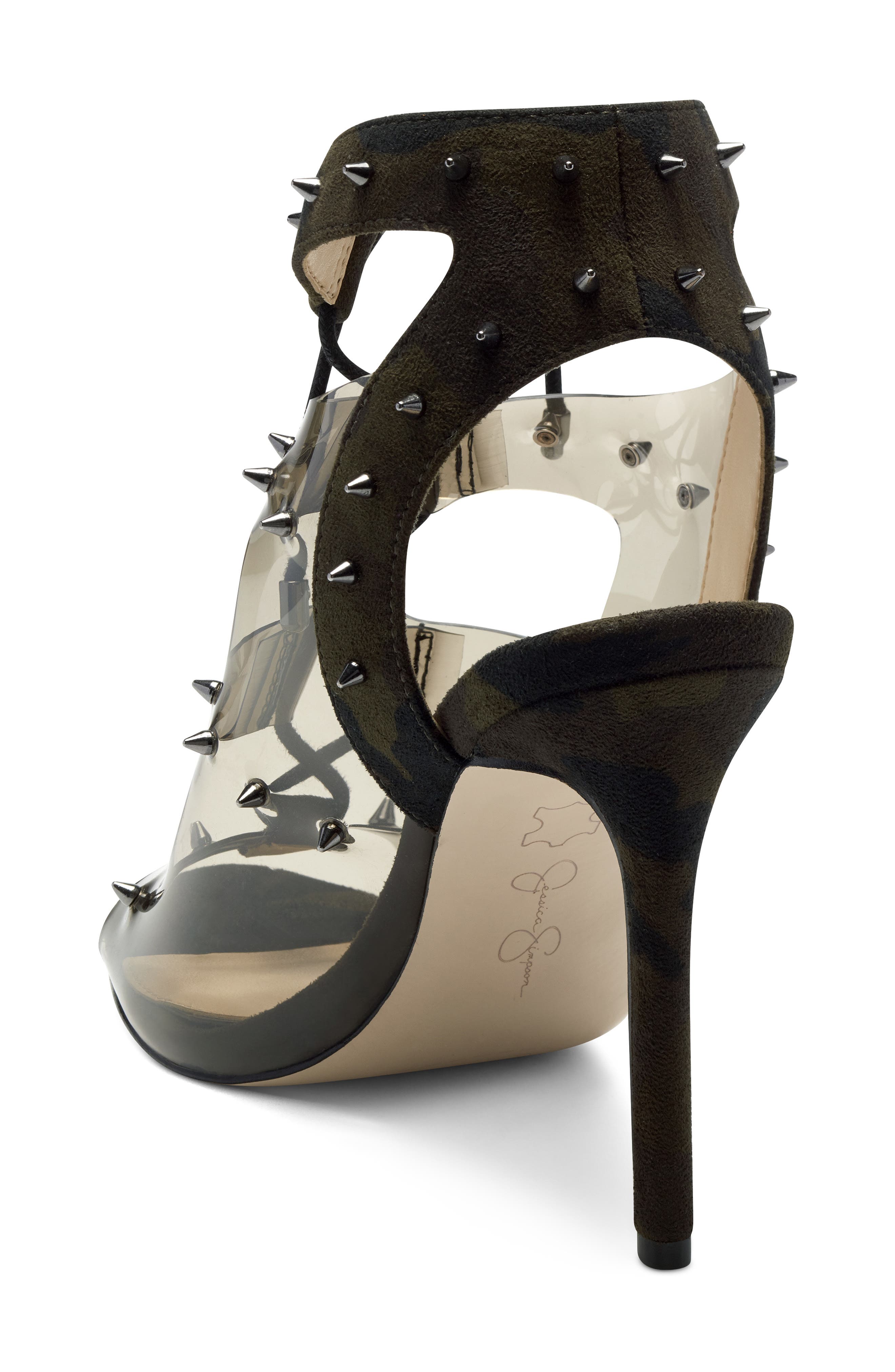 Jirven Spike Clear Strap Cage Sandal, Alternate, color, SMOKE/ CAMO GREEN LEATHER