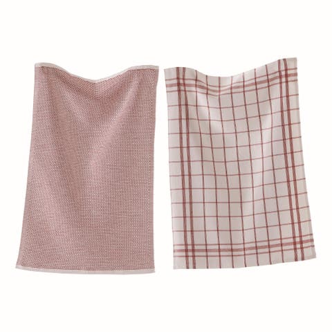 Classic Red Cotton Dishtowel Set of 2 Checked Solid Terry