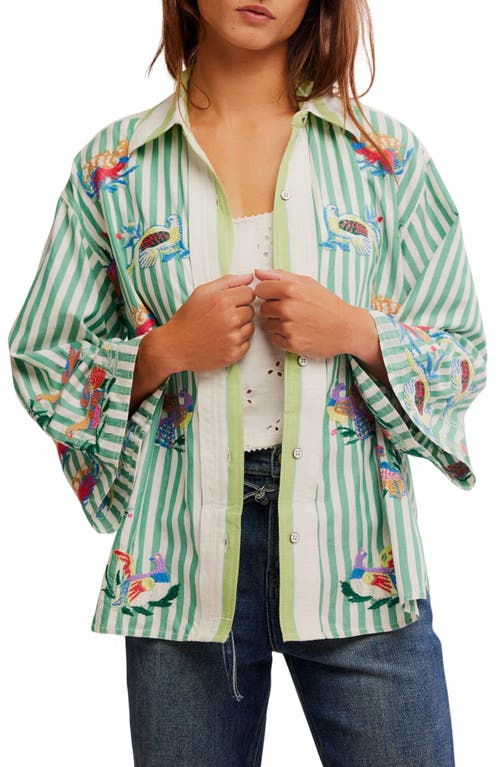 Free People The Bird Embroidered Button-up Shirt In French Green Combo