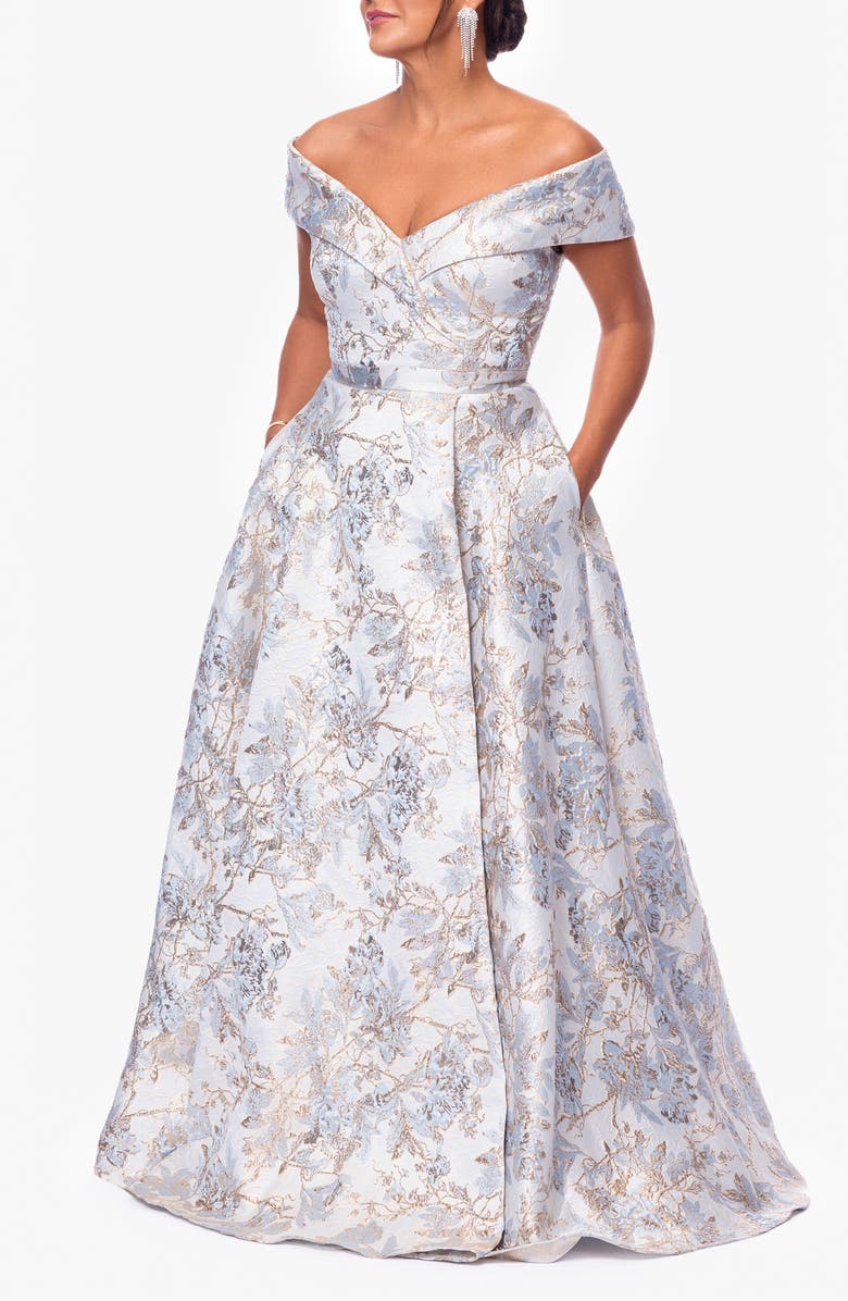 Xscape Evenings Metallic Floral Brocade Off the Shoulder Ball Gown, Alternate, color, Blue/ Gold
