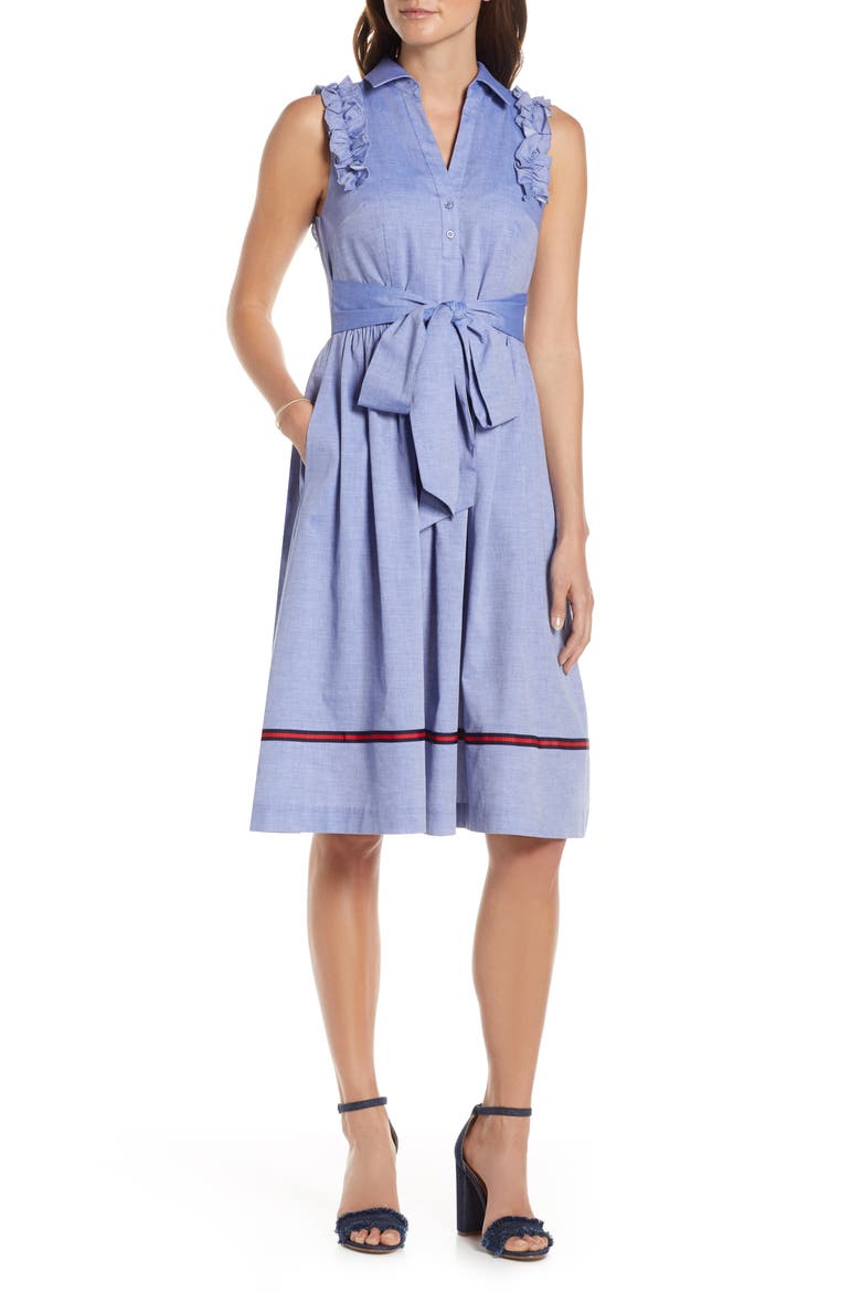 Ruffle Trim Shirtdress, Main, color, CHAMBRAY
