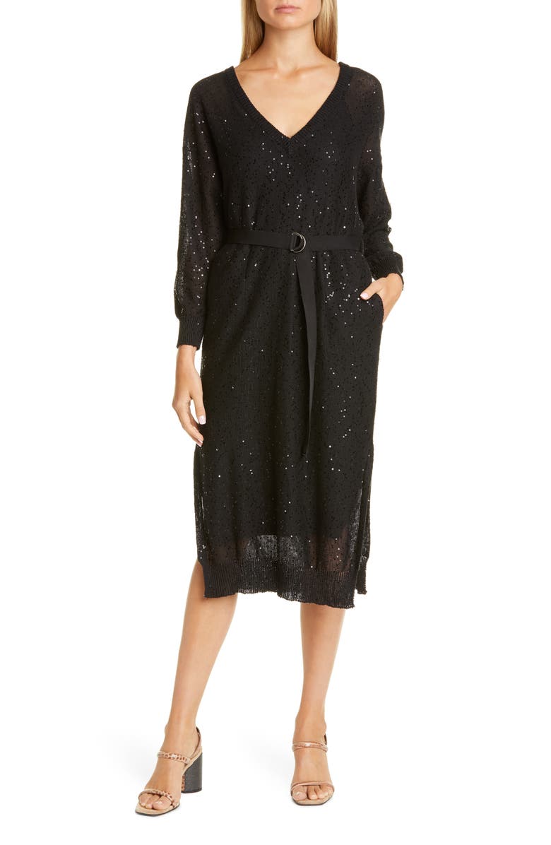 Brunello Cucinelli Sequin Belted Long Sleeve Linen & Silk Sweater Dress, Main, color, 