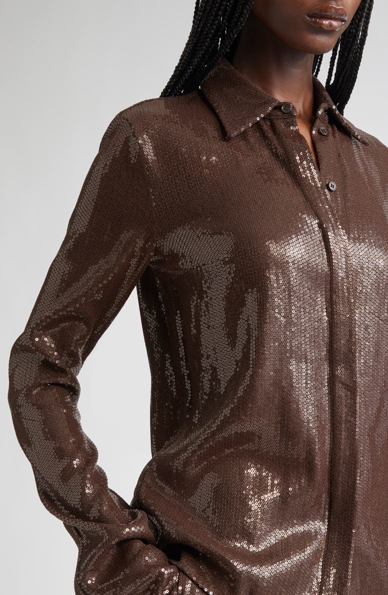 Michael Kors Collection Hansen Sequin Embellished Button-Up Shirt, Alternate, color, Chocolate