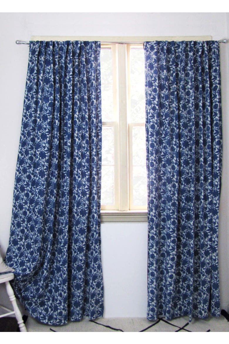 Boho Window Curtain Flowers Cotton Panel, Alternate, color, Indigo Blue, White