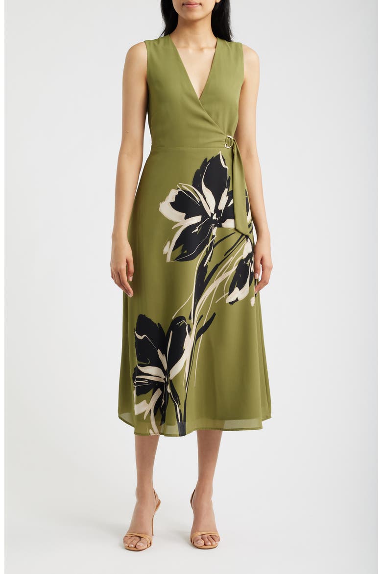 Print Sleeveless Faux Wrap Midi Dress, Main, color, BAY LEAF MULTI
