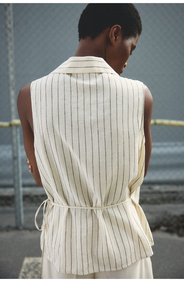 H&M Linen-blend Wrap Top, Alternate, color, Light Beige/Striped