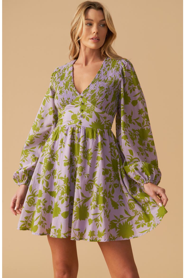 Floral Print Long Sleeve Babydoll Dress, Alternate, color, LAVENDER