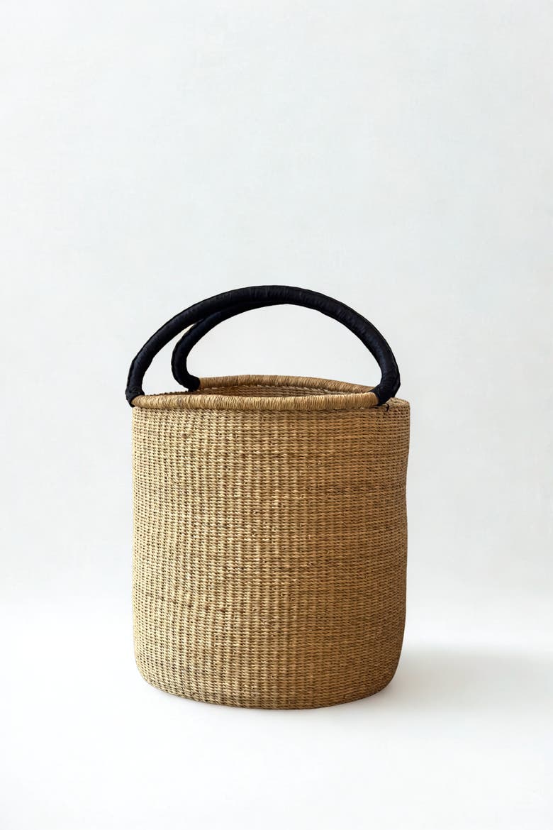Handwoven Double Weave Hamper Basket with Black Leather Handles, Main, color, Natural