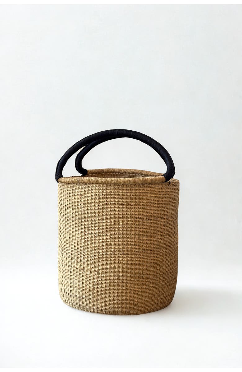 Mbare Handwoven Double Weave Hamper Basket with Black Leather Handles, Main, color, Natural