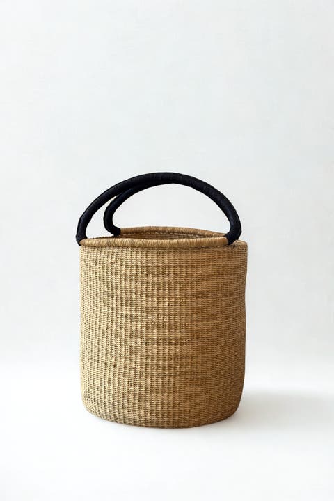 Handwoven Double Weave Hamper Basket with Black Leather Handles