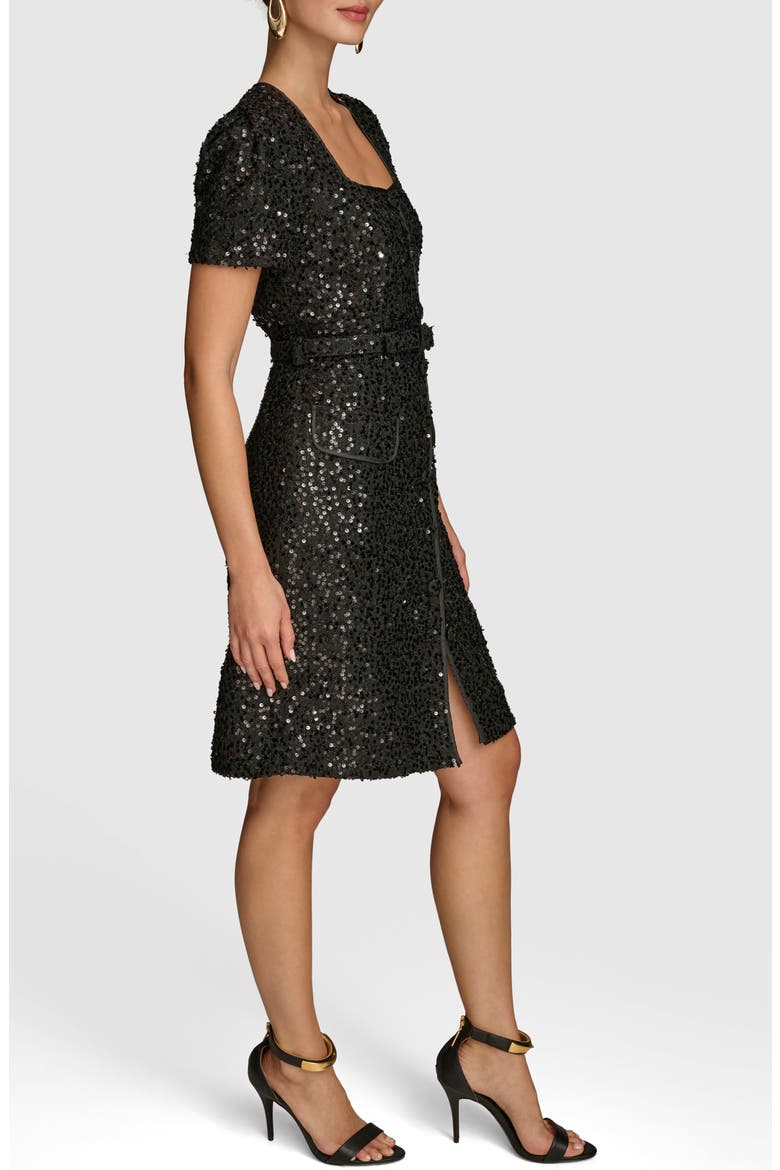 Sequin Belted Button-Up Dress, Alternate, color, BLACK