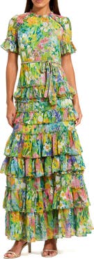 Mac Duggal Floral Printed Chiffon Tiered Ruffle Gown