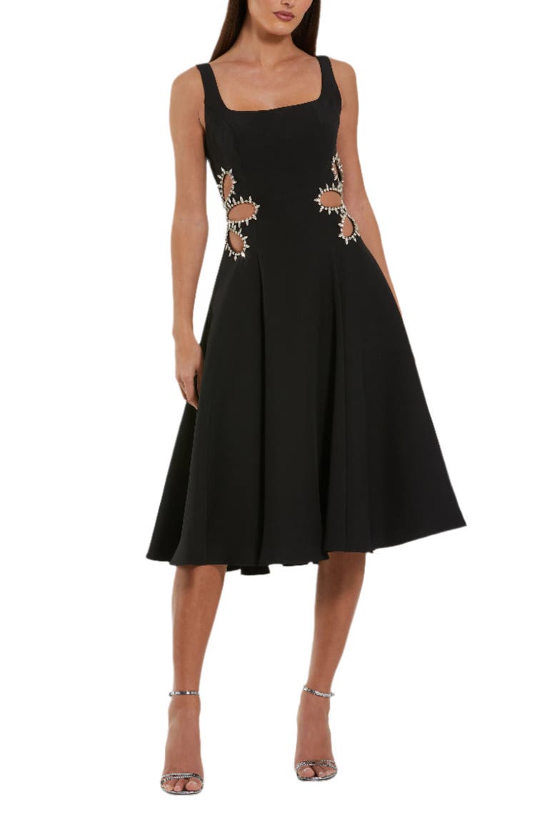 Sleeveless Crepe Rhinestone Cutout Midi Dress, Main, color, Black