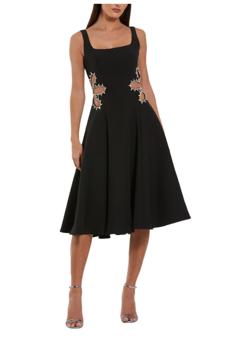 Mac Duggal Sleeveless Crepe Rhinestone Cutout Midi Dress, Main, color, Black