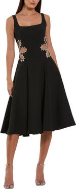 Mac Duggal Sleeveless Crepe Rhinestone Cutout Midi Dress