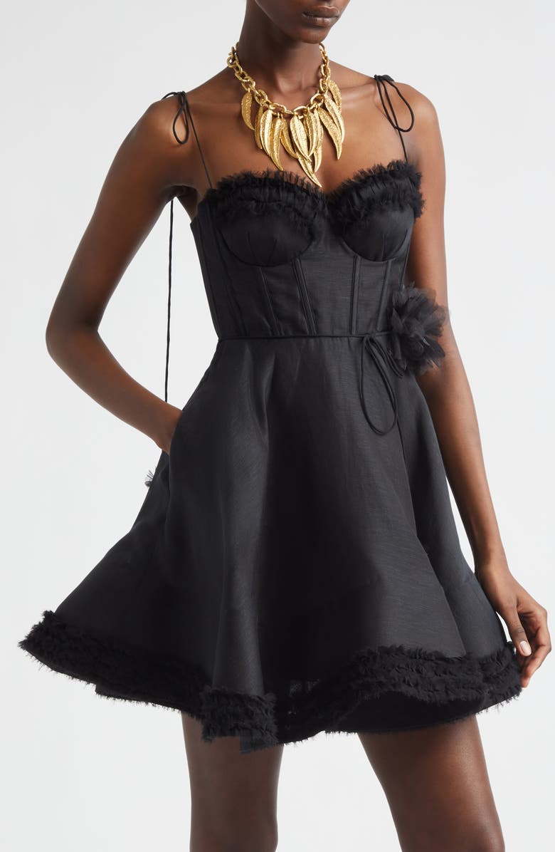 Zimmermann Kindred Spirit Luna Ruffle Linen & Silk Minidress, Alternate, color, Black