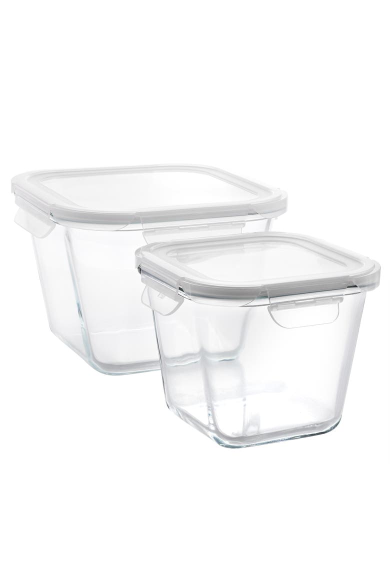 4 Piece Glass Square Storage Container Set Snap Lids, Main, color, Clear