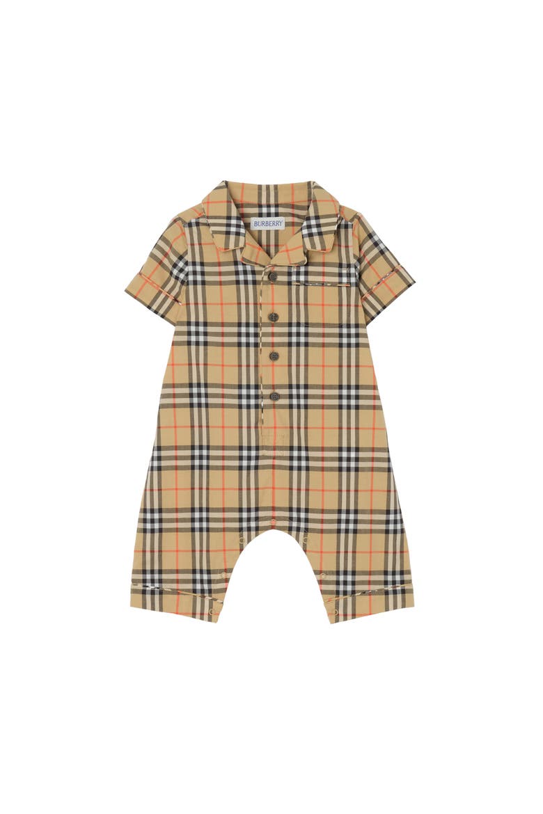 Check Cotton Playsuit, Main, color, Sand beige