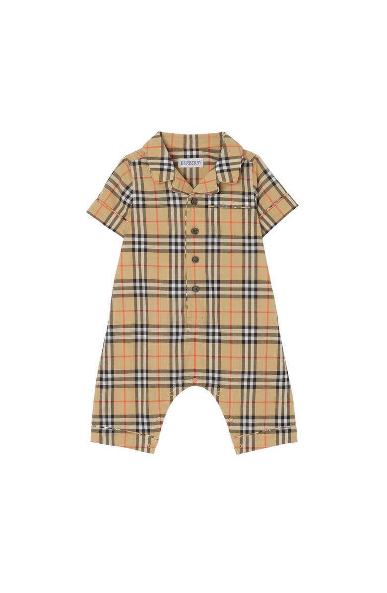 Burberry Check Cotton Playsuit, Main, color, Sand Beige