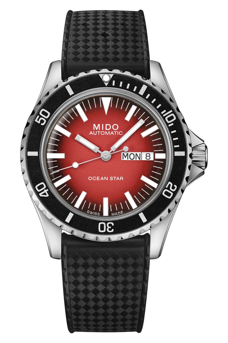 Ocean Star Tribute Gradient Rubber Strap Watch, 40.5mm, Main, color, BLACK/ RED GRADIENT