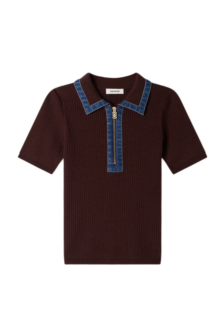 Knit polo sweater with denim collar, Alternate, color, Brown