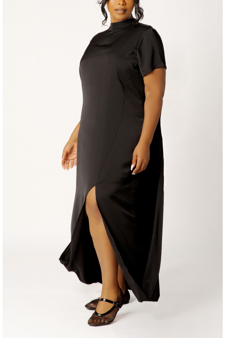 High Neck Draped Maxi Dress, Alternate, color, BLACK