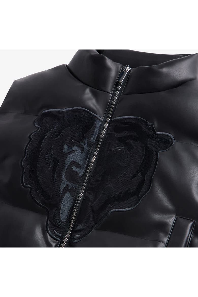 Women's  Black Chicago Bears Faux Leather Cropped Puffer Vest, Alternate, color, Black