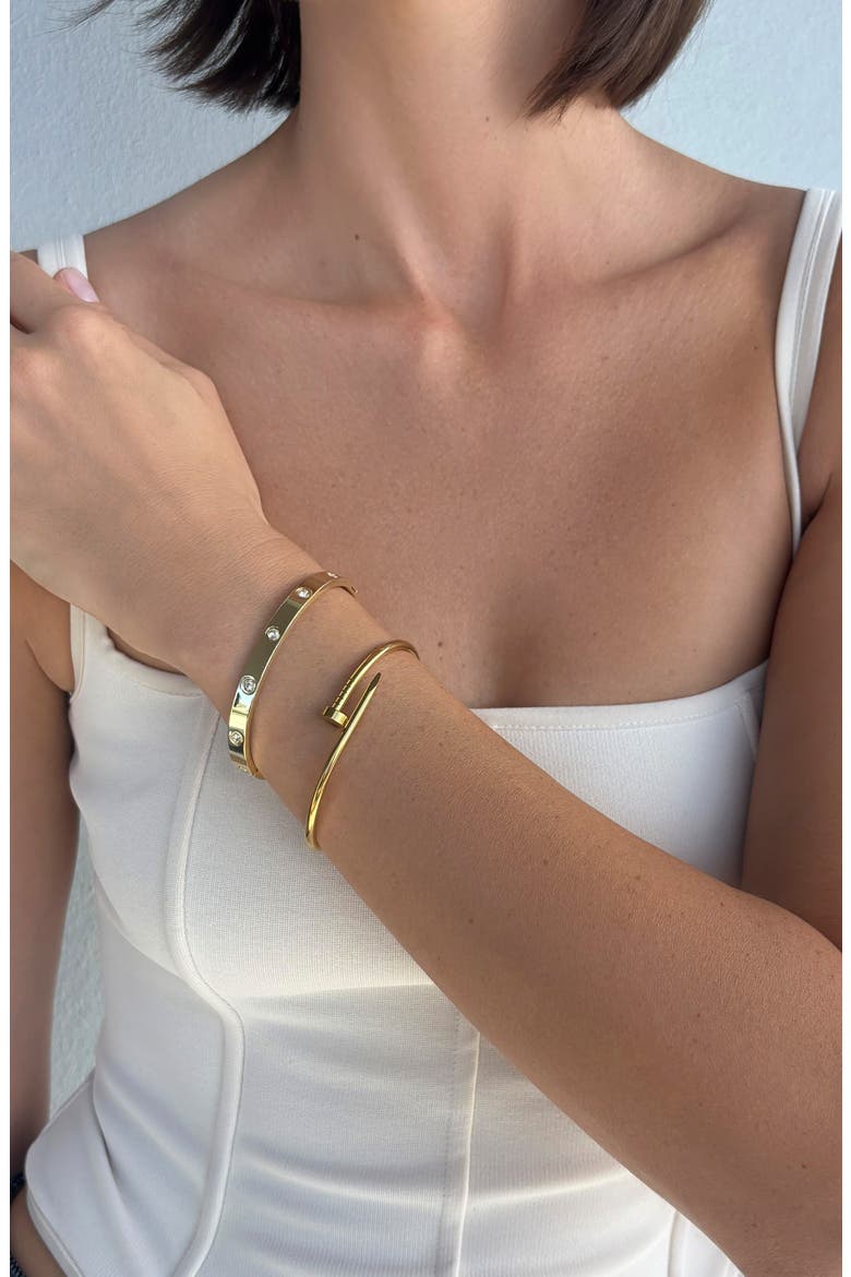 Set of 2 14k Gold Plated Nail & CZ Bangle Bracelets, Alternate, color, GOLD