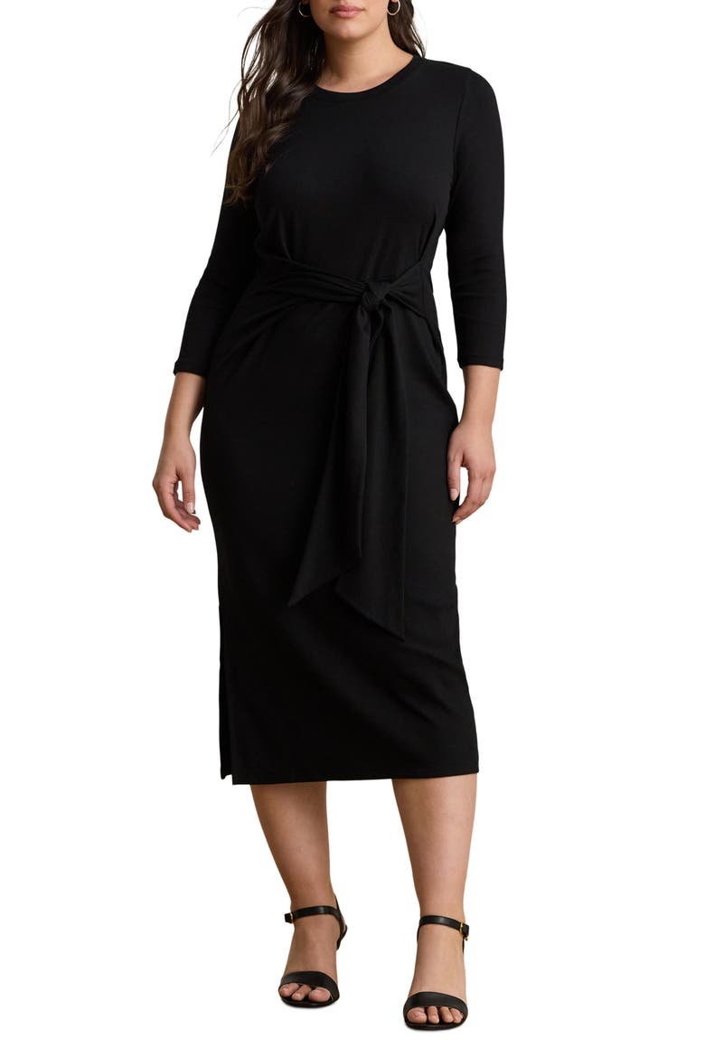 Tie Waist Rib Cotton Blend Midi Dress, Main, color, BLACK