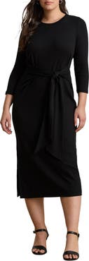 Lauren Ralph Lauren Tie Waist Rib Cotton Blend Midi Dress