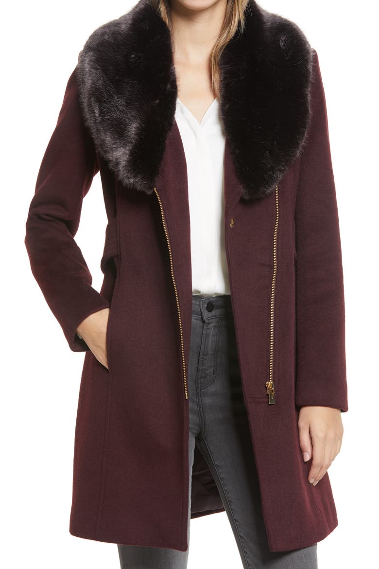 Asymmetrical Wool Coat with Faux Fur Collar, Alternate, color, BURGUNDY