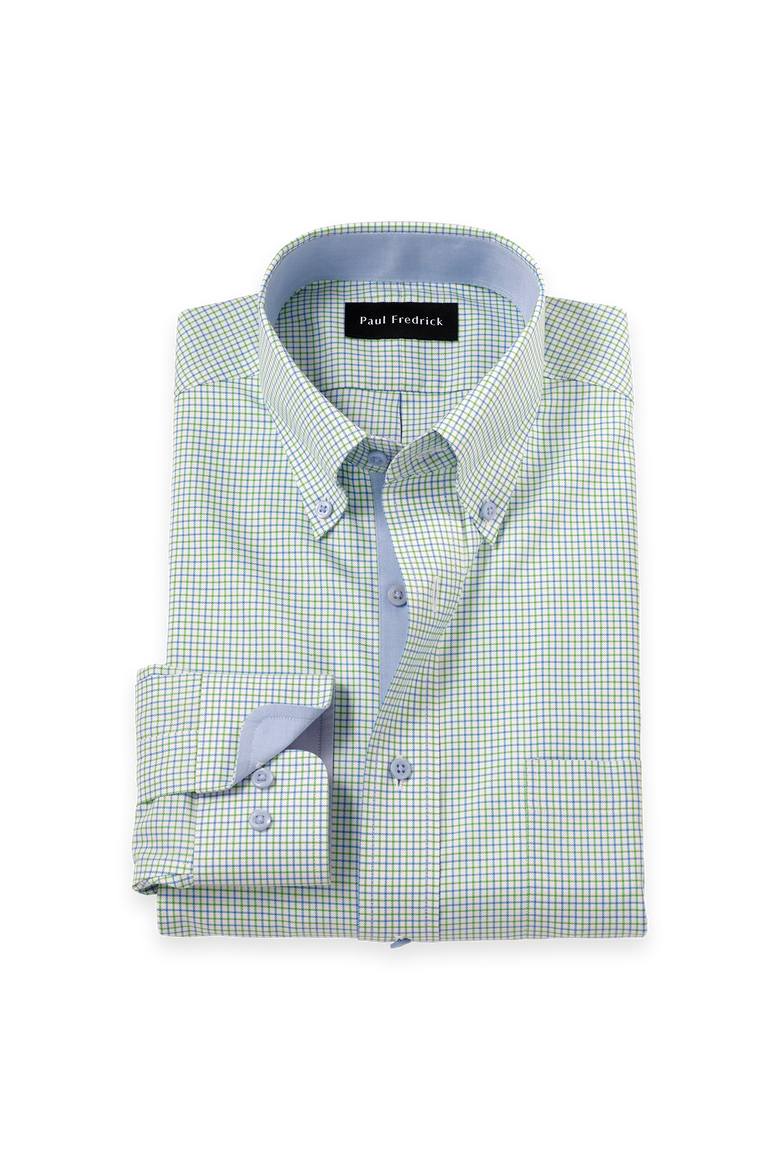 Cotton Poly Spandex Buttondown Collar Twill Slim Contrast Trim Button Cuff Long Sleeve, Main, color, Blue/Green