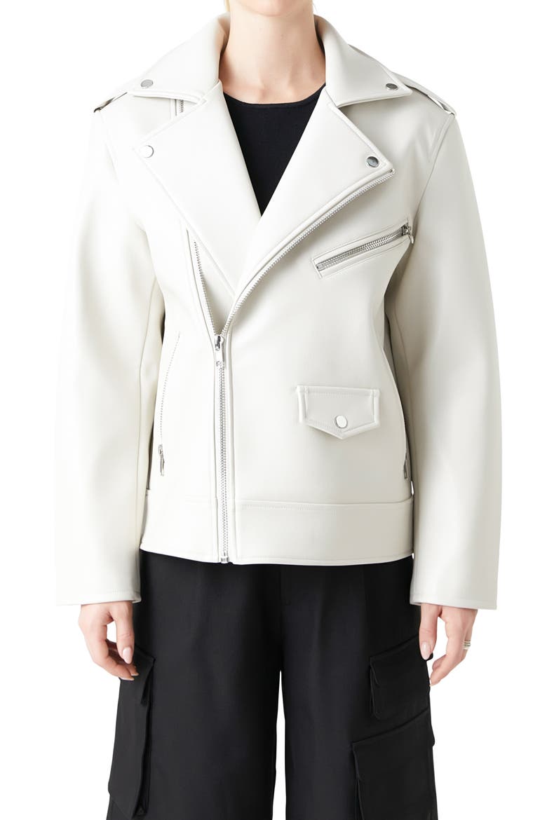 Padded Shoulder Faux Leather Biker Jacket, Alternate, color, BEIGE