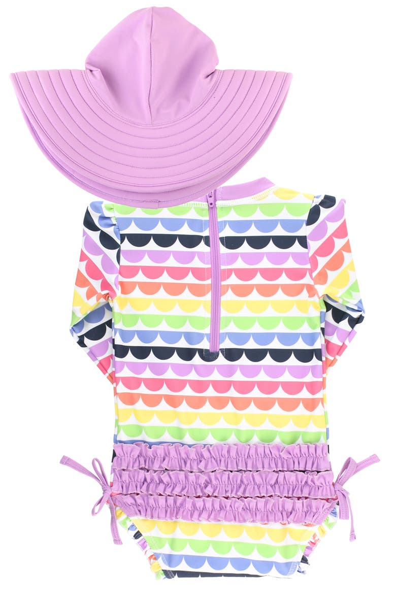 RuffleButts Rainbow Scallop One-Piece Rashguard Swimsuit & Hat Set, Alternate, color,