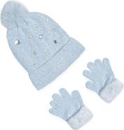 OMG Accessories Faux Fur Pompom Heart Chenille Beanie & Gloves Set