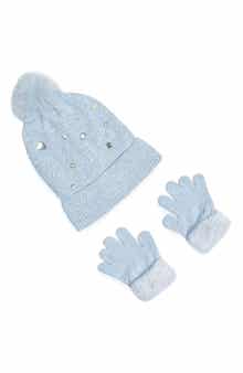 Faux Fur Pompom Heart Chenille Beanie & Gloves Set