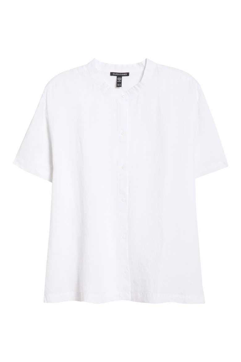 Mandarin Collar Short Sleeve Organic Linen Button-Up Shirt, Alternate, color, WHITE