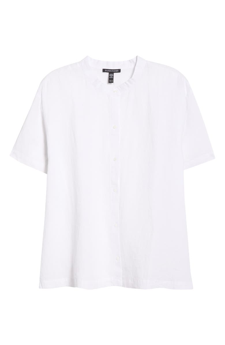 Eileen Fisher Mandarin Collar Short Sleeve Organic Linen Button-Up Shirt, Alternate, color, White