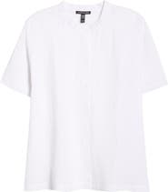 Eileen Fisher Mandarin Collar Short Sleeve Organic Linen Button-Up Shirt