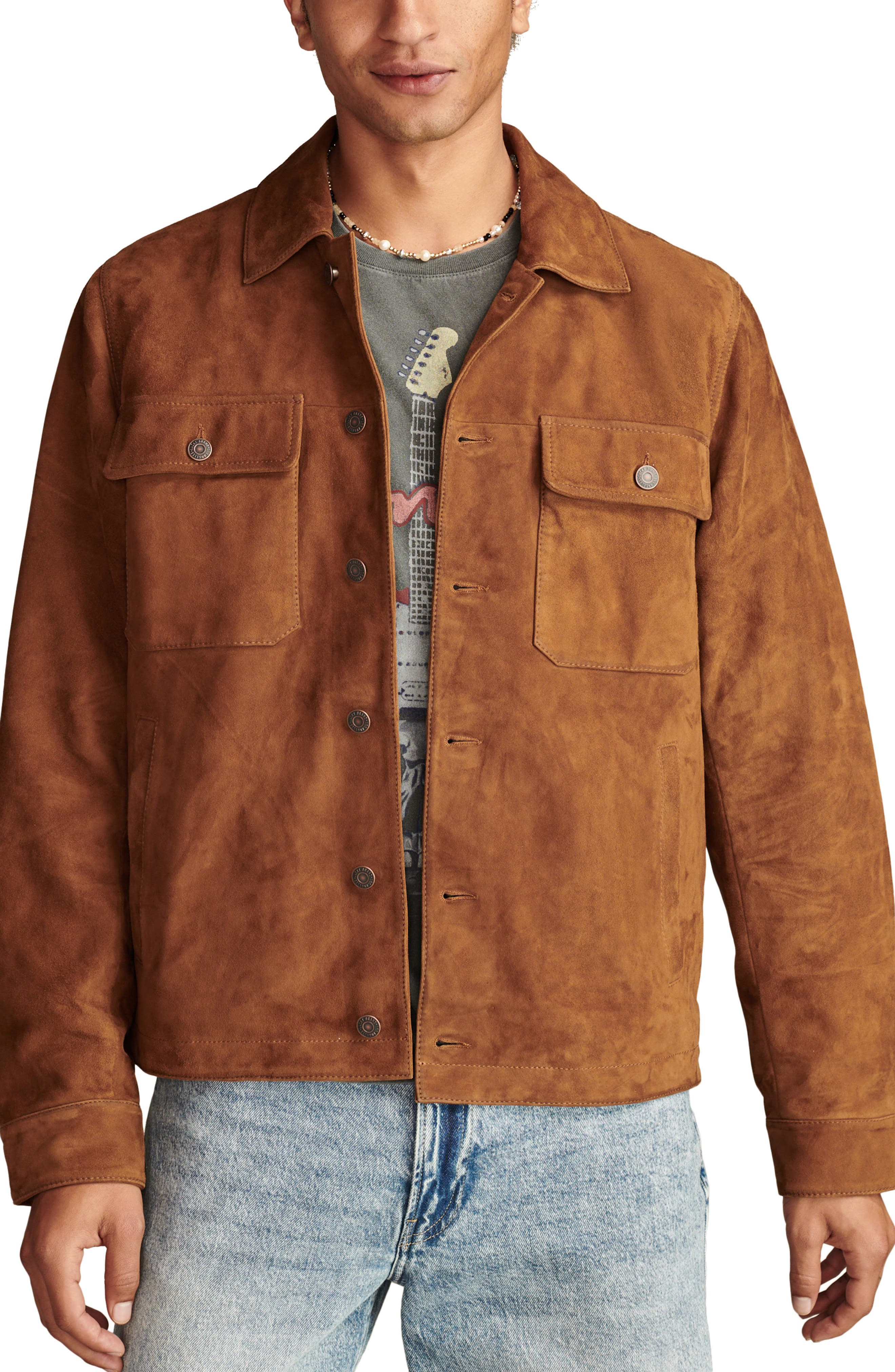 Lucky Brand Suede Shirt Jacket in Dark Tan 