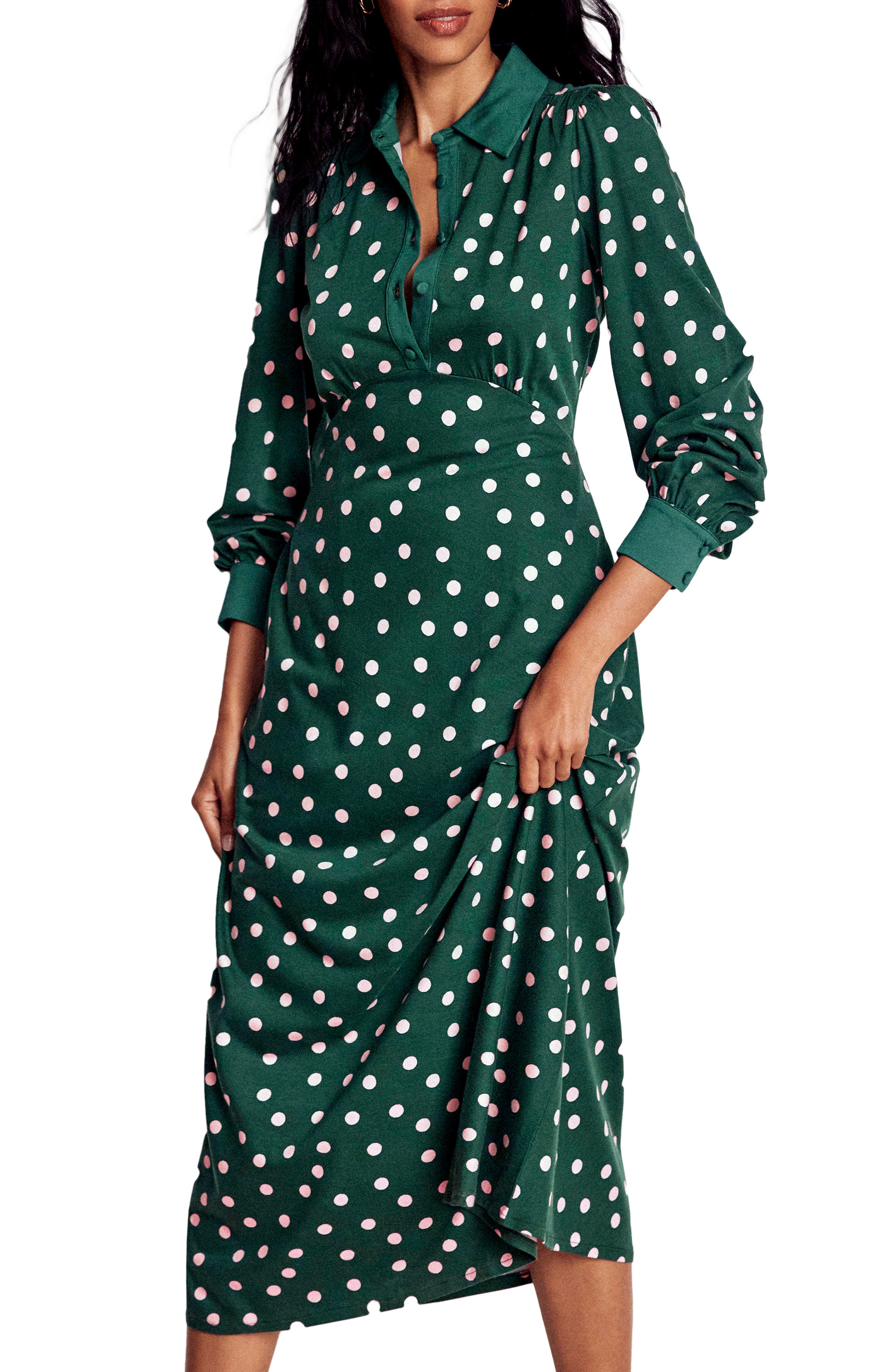 Boden Polka Dot Empire Waist Long Sleeve Dress