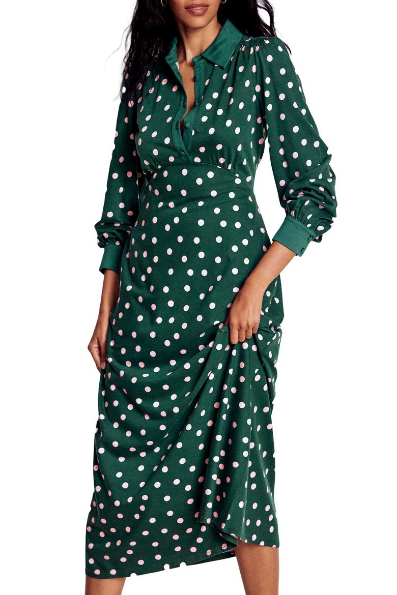 Polka Dot Empire Waist Long Sleeve Dress, Main, color, EMERALD NIGHT PAINTED DOT