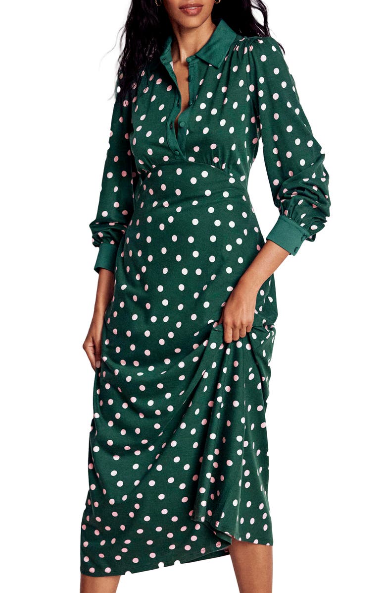 Boden Polka Dot Empire Waist Long Sleeve Dress, Main, color, Emerald Night Painted Dot