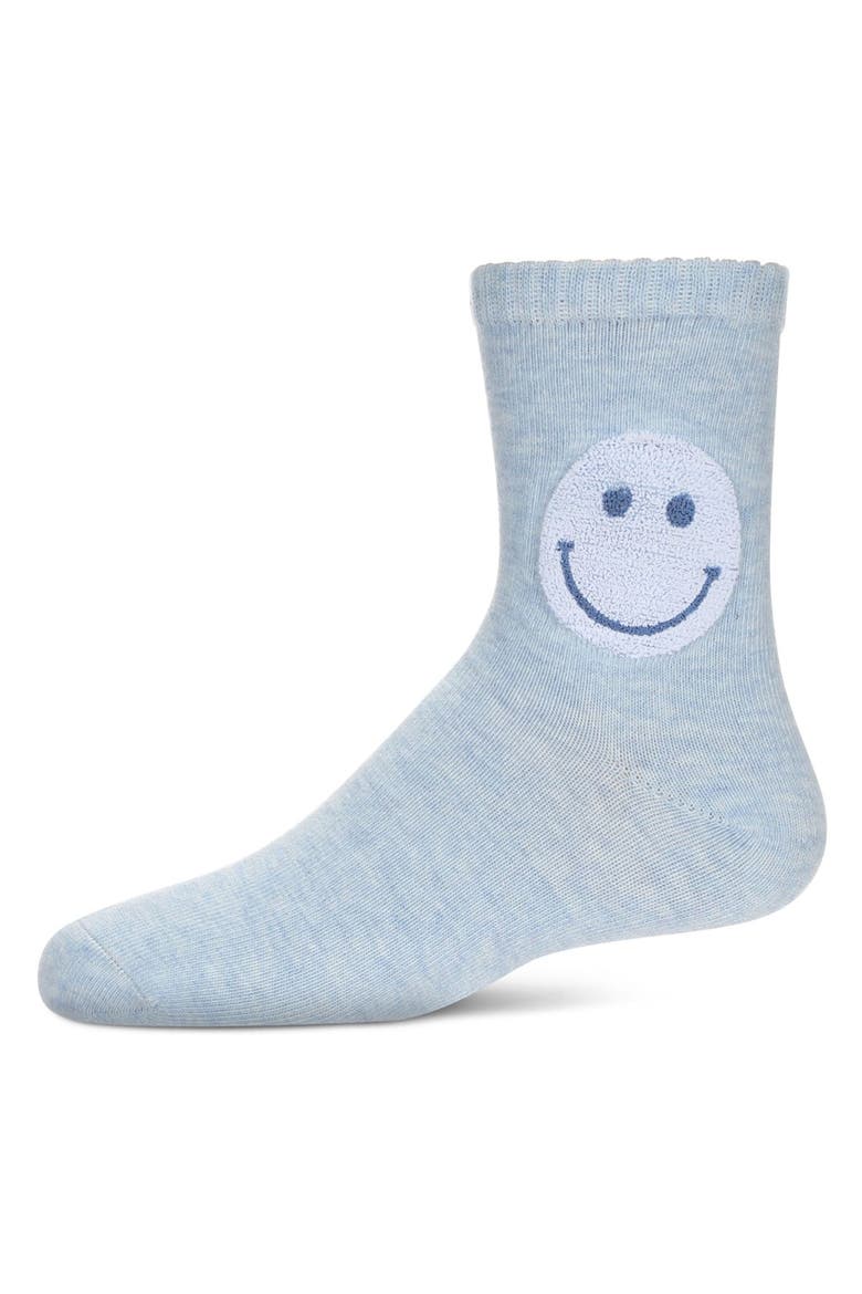 Fuzzy Smiley Face Crew Socks, Main, color, Blue
