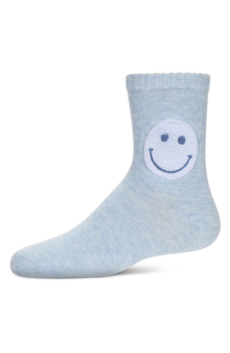 MeMoi Fuzzy Smiley Face Crew Socks, Main, color, Blue